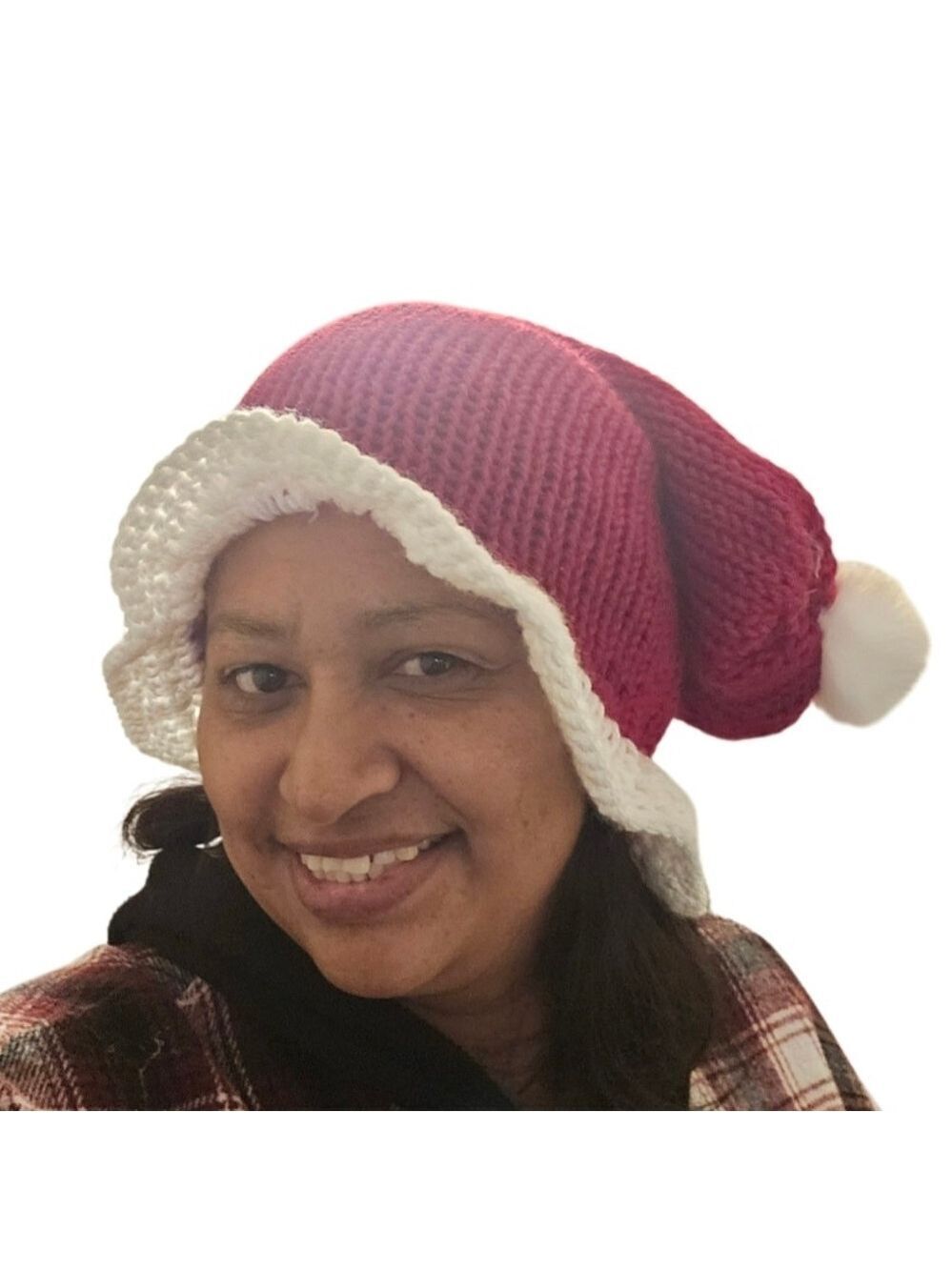 Hand Crafted Pom Pom Beanie Red and White Crochet
